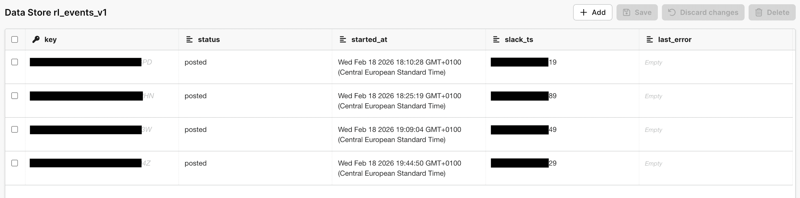 Data Store ledger used for event state and dedupe decisions